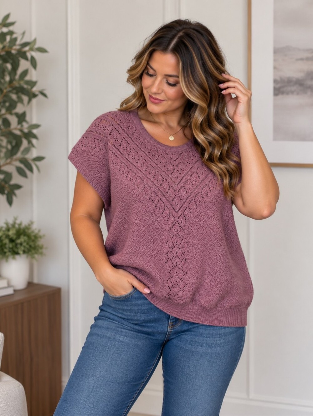 Purple Vintage Women's Short Sleeve Sweater